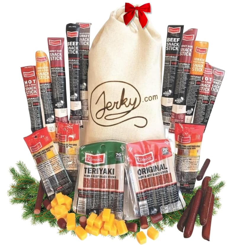 Jerky.com Gift Bag for Men | 26 Piece Meat Sticks Gift Basket with Beef Sticks, Pork, Turkey, Ham & Cheese Sticks | High Protein Snack Variety Pack | Gluten-Free Jerky Gifts for Men | Birthday Gift Basket for Him