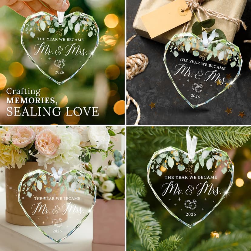 HEXMOZ Wedding Gifts for Couples 2025 - Mr and Mrs Gifts - Bridal Shower Gift, Wedding Ideas for Newly Wed, Bride, Future Mr Mrs - Just Married Glass Ornament 2025, 1st Married Couple Christmas Decor