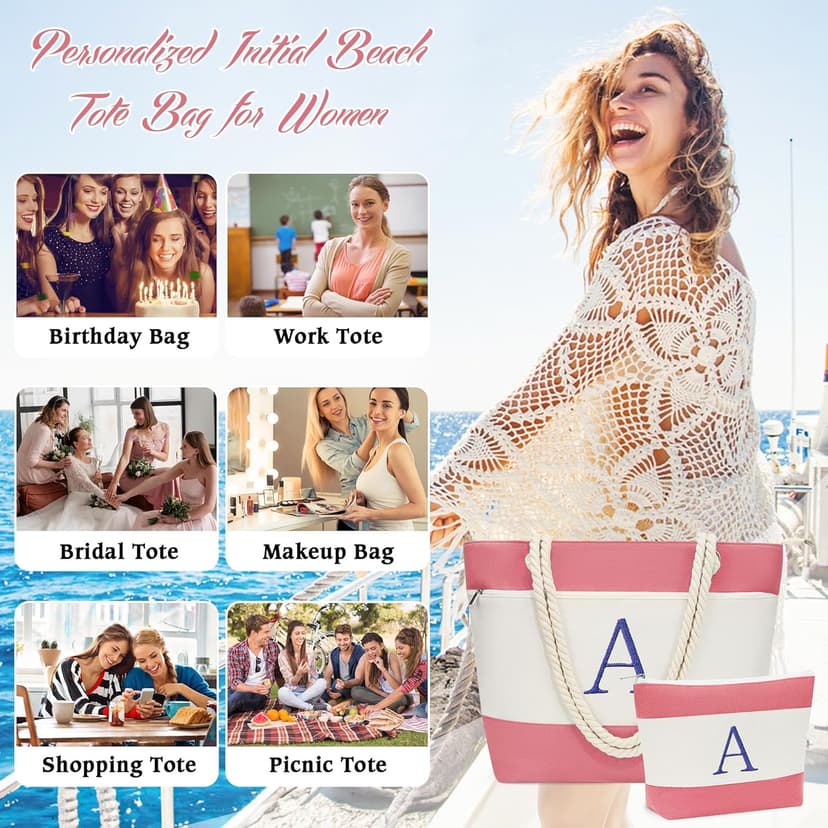 YOOLIFE Beach Bags for Women - Initial Canvas Tote Waterproof Bag with Makeup Bag Gifts for Women Mom Friend Birthday Her