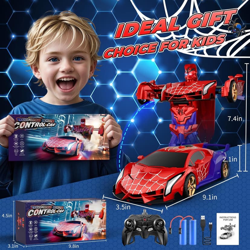 Spider Transform RC Cars Toys with Eye & Underbody Lights, 2.4GHz Remote Control Car One-Button Deformation, Fast 360°Rotation Robot Toys Birthday Gifts for 3 4 5 6 7 8 9 10 Year Old Boys Age 4-7 8-12