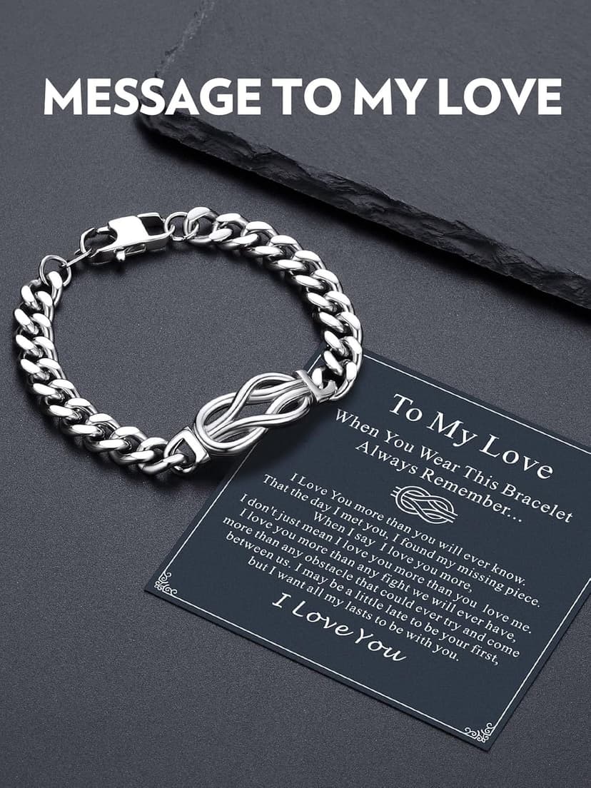 Bandmax Inifinity Love Knot Cuban Link Chain Bracelets for Men Stainless Steel/Black Mens Bracelet with Love Message Card Gift for Son Grandson Husband Father