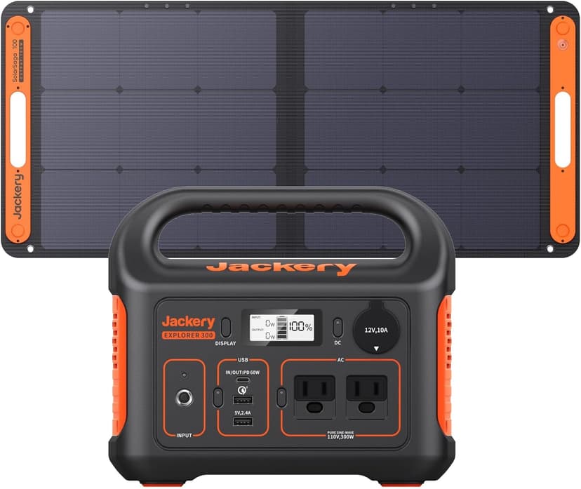 Jackery Solar Generator 300, 293Wh Backup Lithium Battery with 1XSolar Panel SolarSaga 100W, 110V/300W Pure Sine Wave AC Outlet for RV Outdoors Camping Travel Blackout