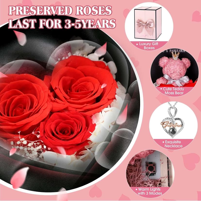 ADDWel Great Gifts for Grandma, Preserved Real Roses with I Love You 100 Languags Grandma Necklace, Cute Bear and Meaningful Eternal Roses for Grandmother Nana Birthday