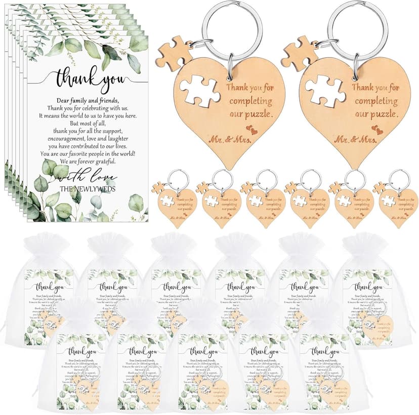 50 Sets Wedding Souvenir for Guests Includes Wood Heart Puzzle Keychain Cards and Gift Bags Rustic Wedding Favors for Guests