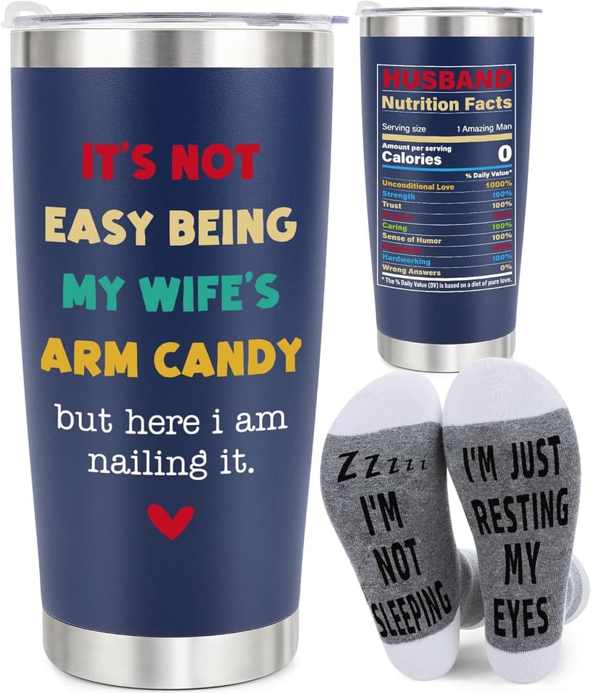 Husband Anniversary Men Gifts for Him from Wife, Husband Birthday Christmas Stocking Stuffers Gift, Wedding Anniversary Men Gifts for Husband Who Has Everything, 20oz Dark Bule Tumbler Cup ＆ Socks