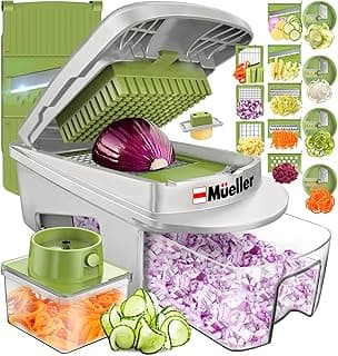 Mueller Pro-Series All-in-One, 12 Blade Mandoline Slicer for Kitchen, Food Chopper, Cucumber Slicer and Spiralizer, Cutter, Dicer, Grater, Gifts for Mom, Kitchen Essentials, White Sand/Green