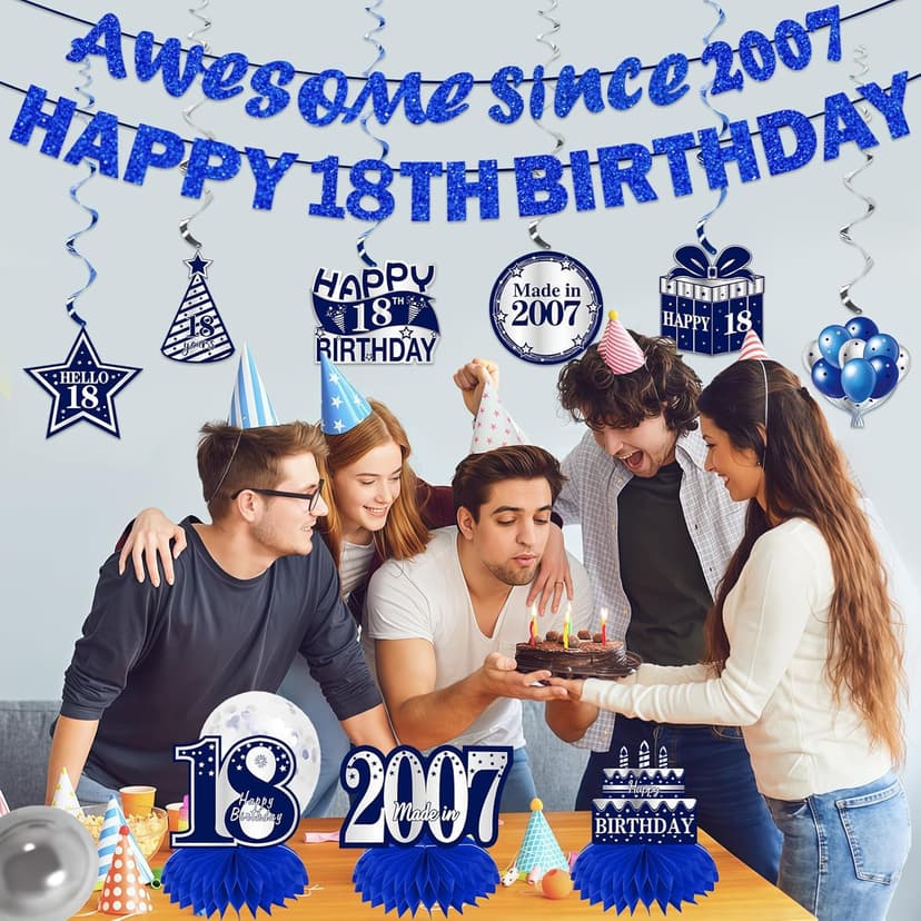 11Pcs 18th Birthday Decorations Kit for Boys Men, Blue Sliver Happy 18th Birthday Banner, Awesome Since 2007 Centerpieces Swirls Party Supplies, Eighteen Bday Banner Ceiling Table Topper Sign