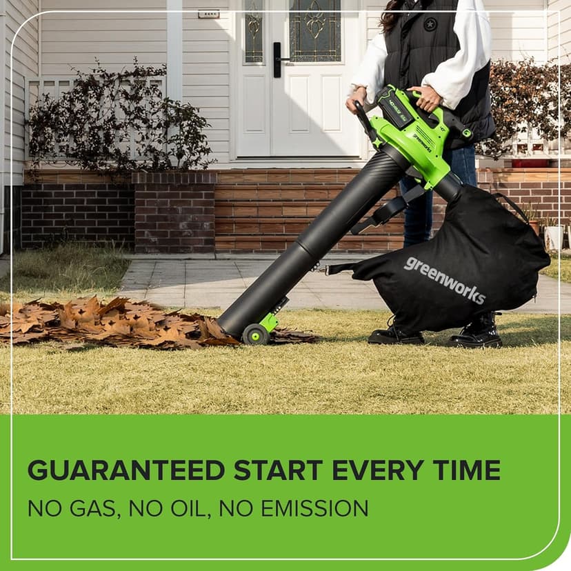 Greenworks 40V (230 MPH / 505 CFM) Cordless Brushless Leaf Blower/Vacuum with Bag, High Power, Lightweight & Quiet for Yard Debris Cleanup, Includes 5.0Ah Battery & Charger