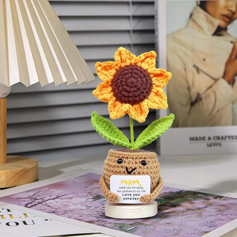 Gossby Gift for Mom - Positive Sunflower Doll Crochet with Card - Love You Forever - Mom Gift from Daughter, Son, Kid - Mothers Day, Christmas, Birthday Present Idea - Knitted Decor