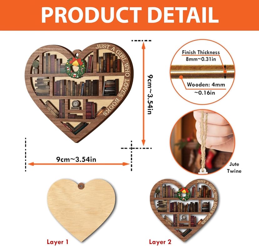 V VIBEPY All Over Printed, Book Lovers Ornaments, Bookshelf Heart Christmas Book Ornament 3.2"x3.5" 2 Layer, Gift for Girl Book Lovers, Gift Idea for Christmas