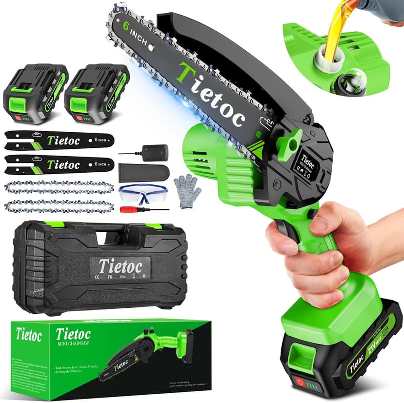 Tietoc Mini Chainsaw 6-Inch with 2 Batteries, Electric Saw, Stocking Stuffers Christmas Birthday Gifts Present for Men Dad Husband Gardener Adults, Cool Gadgets 2025