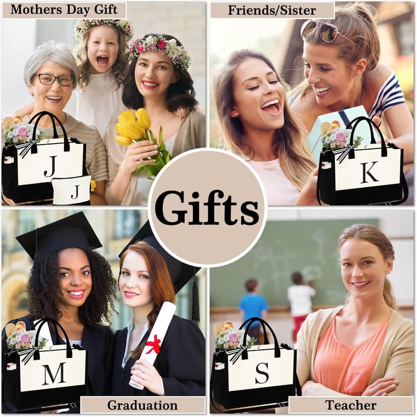 YOOLIFE Gifts for Women - Initial Tote Bag & Makeup Bag, Birthday Gifts for Women Mom Wife Teacher Friend