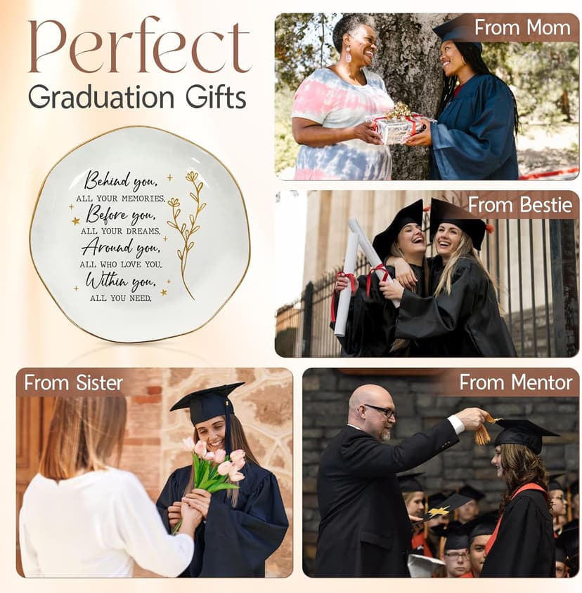 OASSIE Graduation Gifts for Women - 4"x4" Round-Shaped Ceramic Jewelry Dish Tray - Thank You Inspiration College High School Graduation Gifts for Her Friends Sister Women, Decorative Trinket Dish