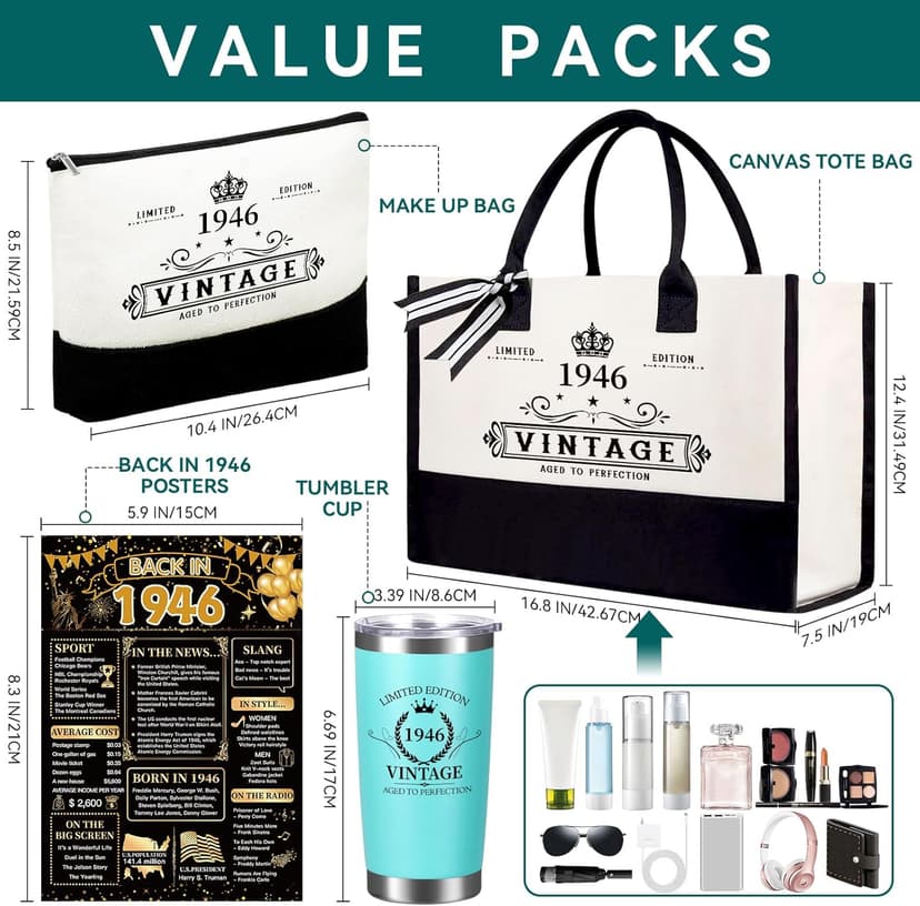 80th Birthday Gifts for Women Her- 4 pcs, Turning 80 Year Old Gifts, Decorations Canvas Beach Tote Bag & Makeup Bag, Unique Happy 80th Birthday gifts for Her Mom Wife Friends