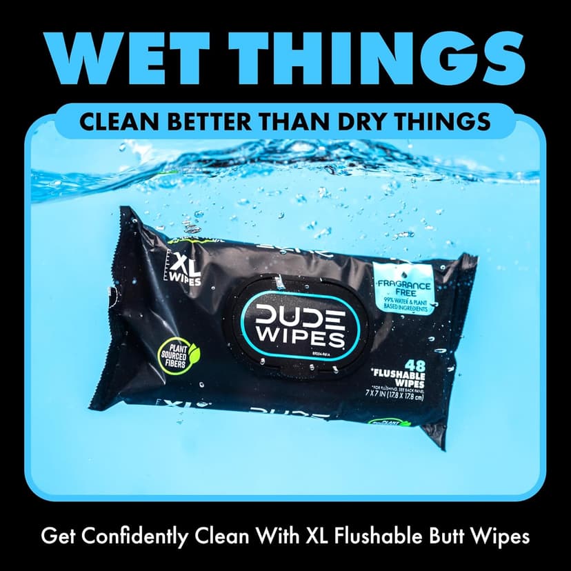 DUDE Wipes Flushable Wet Wipes 48 Count Dispenser, Unscented Wet Wipes with Vitamin-E & Aloe, Septic and Sewer Safe