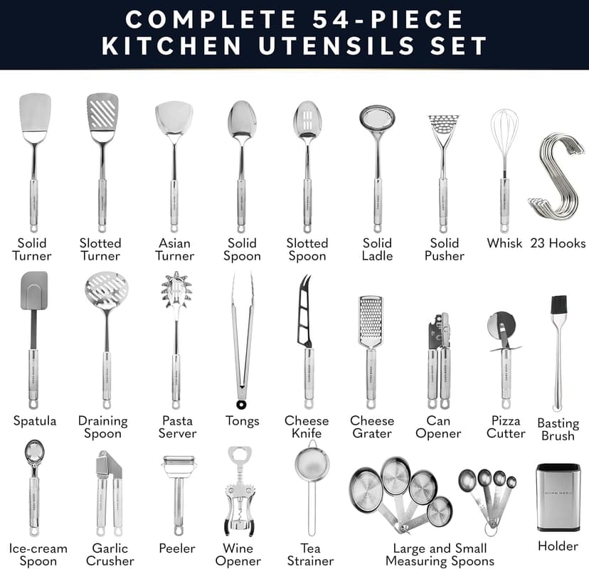 Home Hero 54 Pcs Stainless Steel Kitchen Utensils Set - Nonstick Stainless Steel Cooking Utensils Set - Heat Resistant Kitchen Essentials & Metal Kitchen Gadgets (54 Pcs)