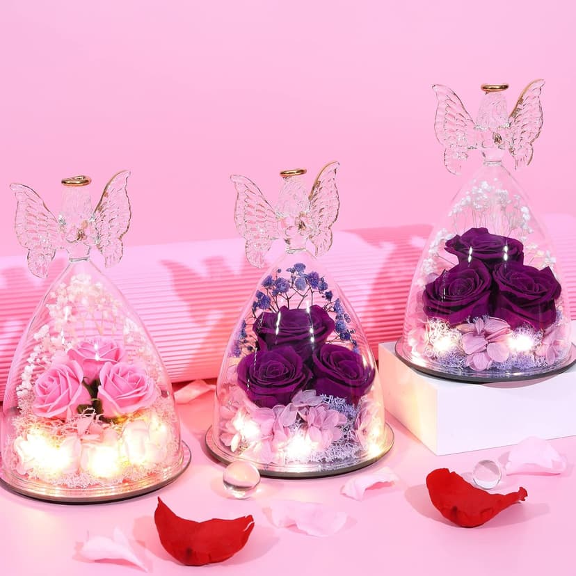 Christmas Rose Gifts for Women Preserved Real Flower in Glass Angel Figurines Roses for Delivery Prime Birthday Gifts for Mom Grandma Girlfriend Wife Her - Purple