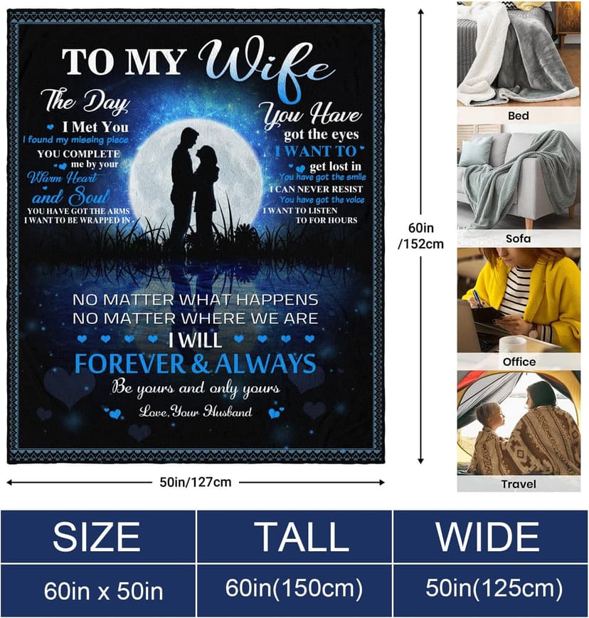 Quilazy Gifts for Wife, Wedding Anniversary Birthday Gifts for Women, Romantic I Love You Present for Her, Christmas Mothers/Valentines Day Gift for Wives from Husband, to My Wife's Blanket 60"X 50"