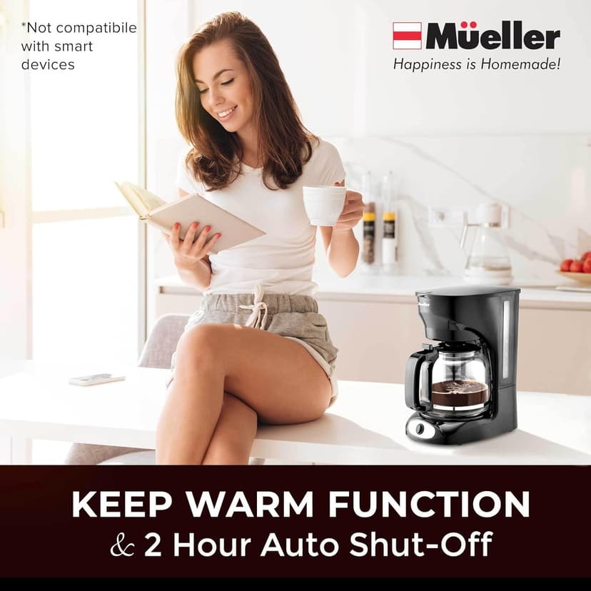 Mueller 12-Cup Drip Coffee Maker - Borosilicate Carafe, Auto-Off, Reusable Filter, Anti-Drip, Keep-Warm Function, Clear Water Level Window Coffee Machine, Kitchen Essentials & Accessories