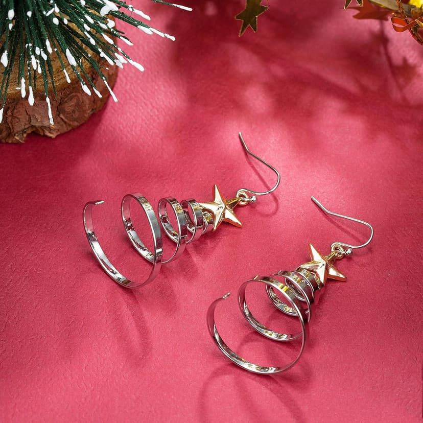 Handmade Christmas Tree Dangle Hoop Earrings Golden Silver Two Tone Women Holiday Gift, Thanksgiving Themed Earrings, Christmas Party Gift