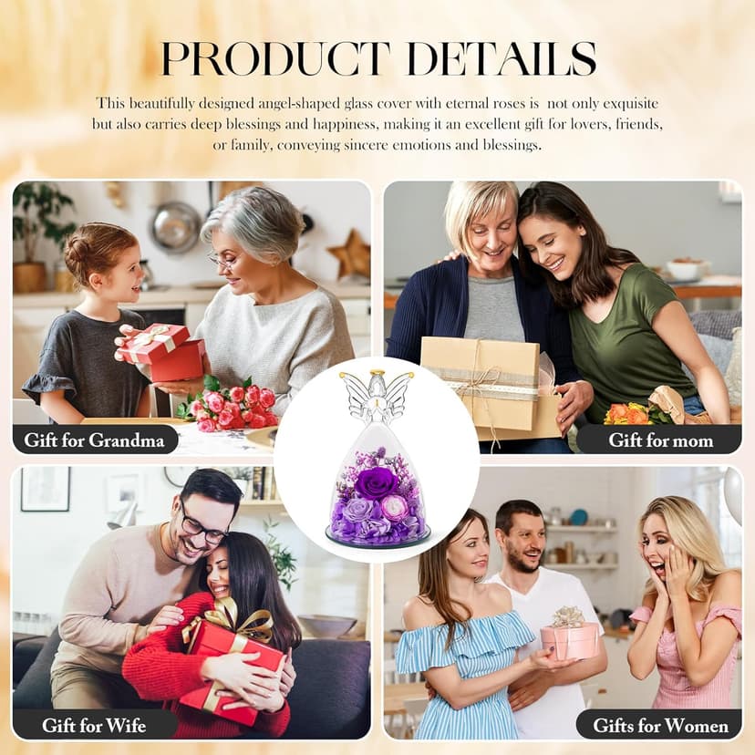 RoseValley Angel Roses Gifts for Mom,Preserved Real Flowers Roses in Glass Angel Figurines,Christmas Birthday Gifts for Grandma Women Mom Wife Mother in Law/Purple