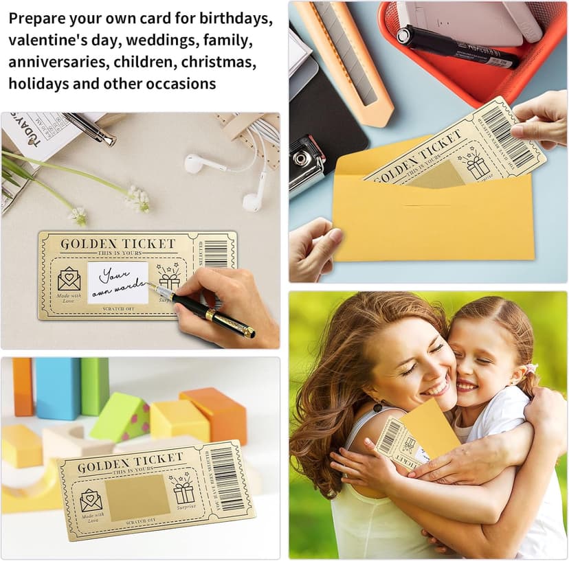 6 Pieces Golden Ticket Scratch-off Cards with Envelopes, Scratch & Reveal Surprise Ticket for Writing Your Own Special for Birthday, Girlfriends, Wives, Valentine's Day Card, Christmas Gift Card