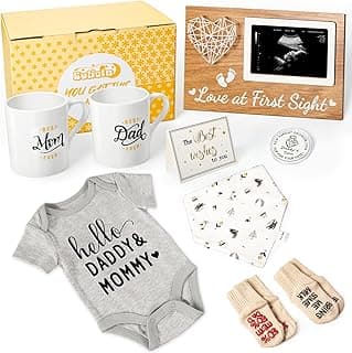 Pregnancy Gifts for First Time Moms - New Parents Gift Set Pregnancy Announcement Baby Shower Basket Mom & Dad Mugs, Baby Ultrasound Frame, Decision Coin, Onesie, Bib and Socks