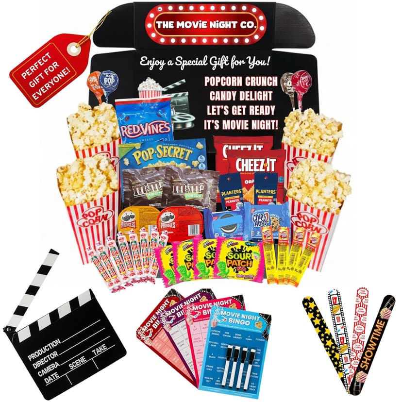 Movie Night Gift Basket – 42-Piece Gift Box with Popcorn, Candy, Snacks & Bingo – Birthdays, Date Night, Family, Kids, Adults, Mom, Dad, Teens, Christmas, Mothers Day, Fathers Day, Raffle & Fundraiser