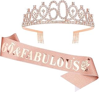 Casoty 60th Birthday Sash and Tiara for Women, 60th Birthday Decorations Women, Rose Gold 60th Crown and "60 & Fabulous" Sash Set, 60 Birthday Decorations for Women, 60th Birthday Gifts for Women