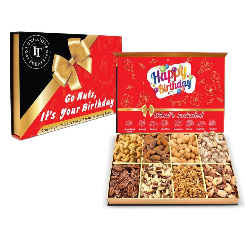 Luxurious Treats Nuts Gift Basket, Happy Birthday Nut Gifts Gourmet Collection Healthy Food Box Mixed Cravings Platter Tray Sampler Assortment Mix for Men Women