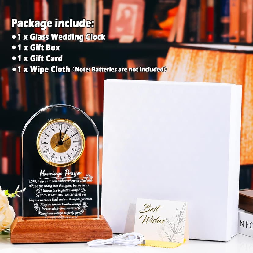 Glass Clock Wedding Gifts for Couples 2025 with Wooden Light Base, Happy Anniversary Marriage Prayer Gift with Inspiring Quotes, Unique Newlywed Mr and Mrs Gifts, Engagement Presents for Home