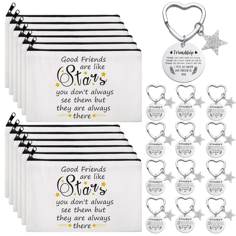 Paterr 24 Pcs Friend Gifts for Women Friendsgiving Makeup Bags Friendship Keychains Galentines Gifts Bulk Cosmetic Bags with Zipper for Roommate BFF Bestie Birthday Decorations(Star)