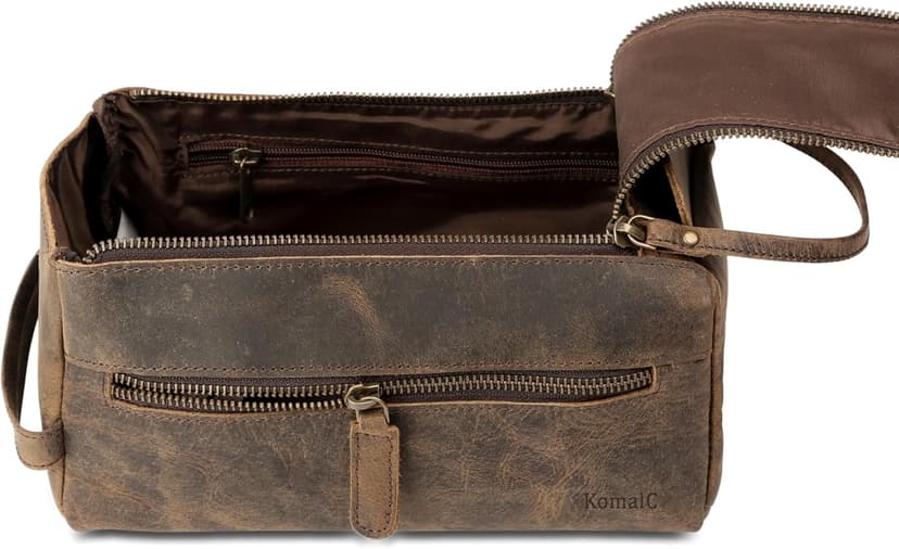 KomalC Premium Buffalo Leather Toiletry Bag for Men & Women – Leather Dopp Kit With Water resistant Lining, Premium Toiletry Travel Pouch, Unisex Wash Bag for Toiletries, Gifts for Men and Women