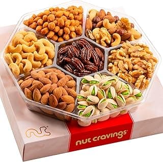 NUT CRAVINGS - Diwali Mixed Nuts Gift Basket in Red Gold Box (7 Assortments, 1 LB) Food Arrangement, Healthy Snack Care Package, Food Assortments