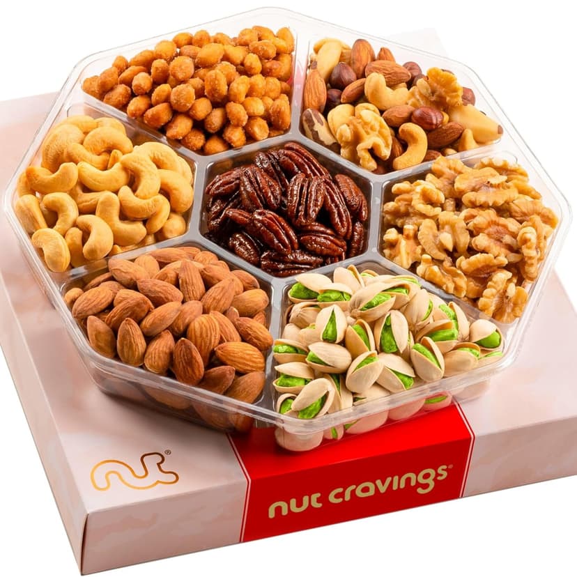NUT CRAVINGS - Diwali Mixed Nuts Gift Basket in Red Gold Box (7 Assortments, 1 LB) Food Arrangement, Healthy Snack Care Package, Food Assortments
