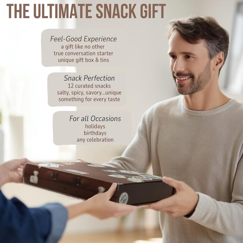 Snack Box Gift Basket, Birthday Gift for Men, Food Care Package, Unique Tins of Assorted Nuts, Snacks in Stunning Case - Treat for Men, Women, Dad, Friends, Family