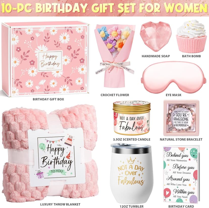 Birthday Gifts for Women Friendship, Unique Happy Birthday Gifts Basket for Mom Her Best Friend Sister Wife Girlfriend Coworker, Luxury Self Care Box Rose Relaxing Spa Gifts Set for Women with Blanket