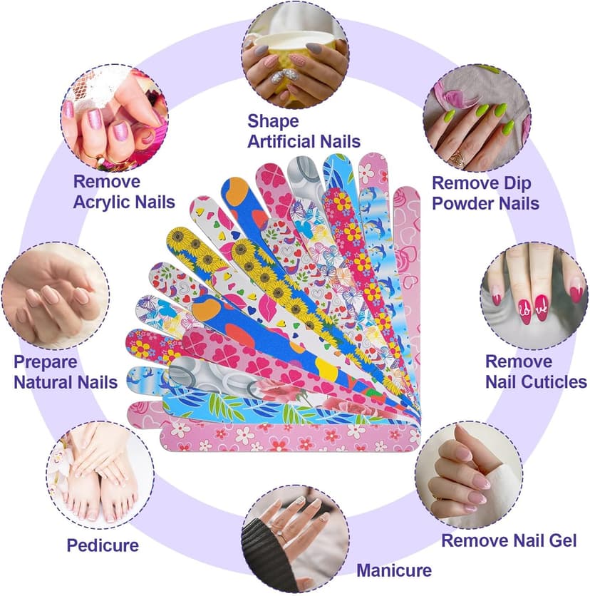 Nail Files (24 Pack), Colorful Emery Board Nail File for Natural Nails Double Sided 180 Grit Professional Fingernails Emory Boards Buffer Manicure Tool Nail Shaping Buffing Smoothing Filers Flowery