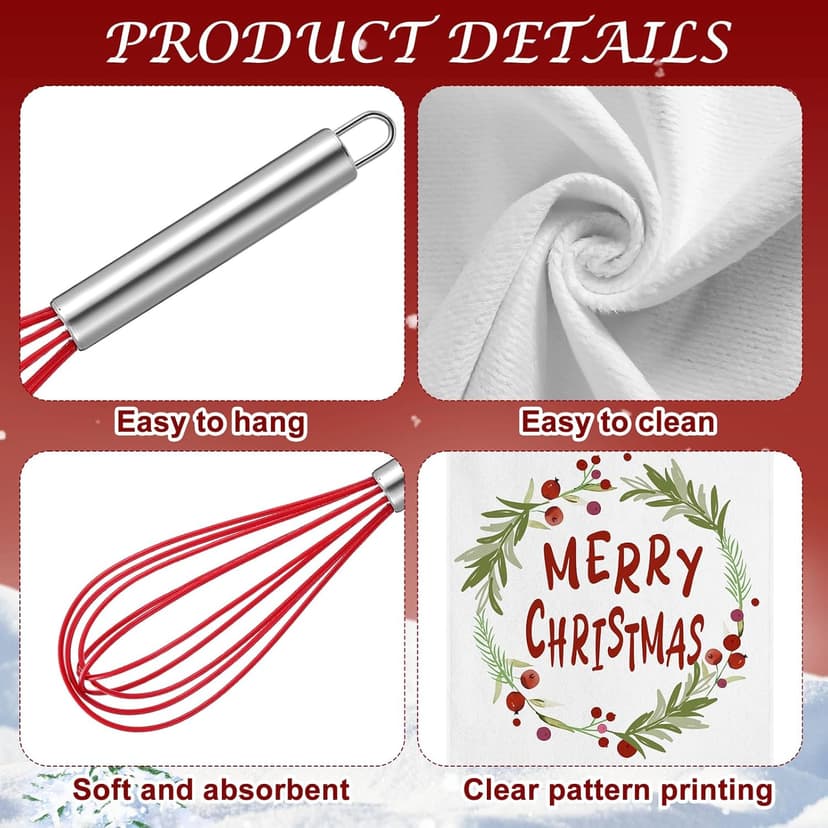 Mimorou 6 Sets Christmas Whisks Kitchen Gifts Stainless Steel Whisks Silicone Spatulas Towels Greeting Cards Rope for Neighbor Employee Baking Gift Xmas Cooking Supplies