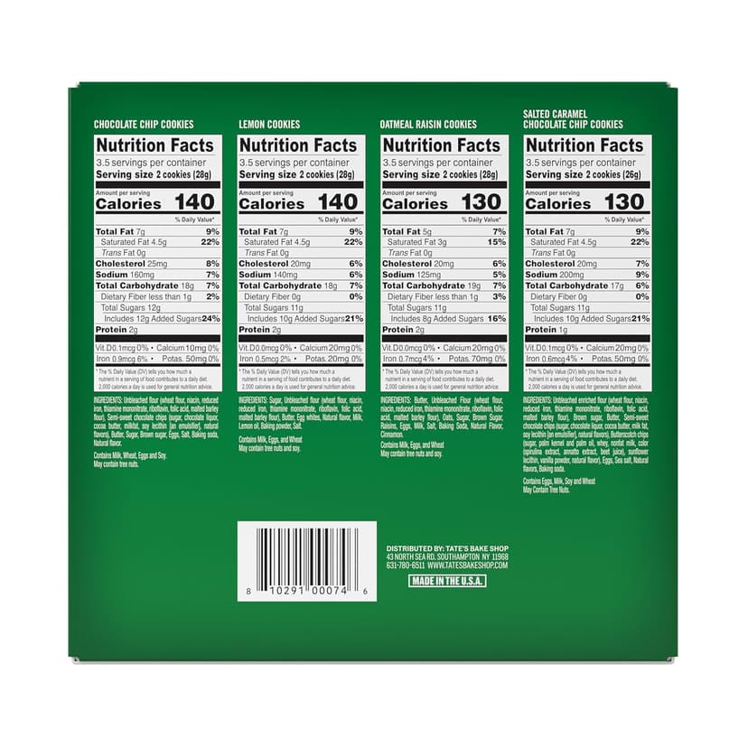 Tate's Bake Shop Cookies Gift Box, Chocolate Chip, Oatmeal Raisin, Salted Caramel and Lemon Cookies, 14 oz