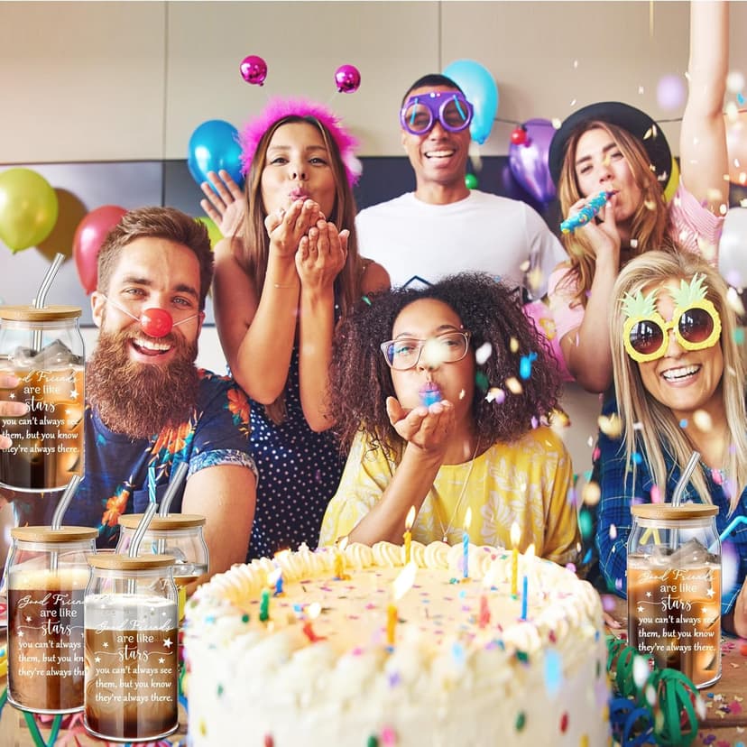 Zhehao 8 Pack Friendship Gifts for Women Friends Gifts Bulk 16oz Iced Coffee Glasses with Bamboo Lids and Straws for Sister Friend Holiday Birthday Party Drinking