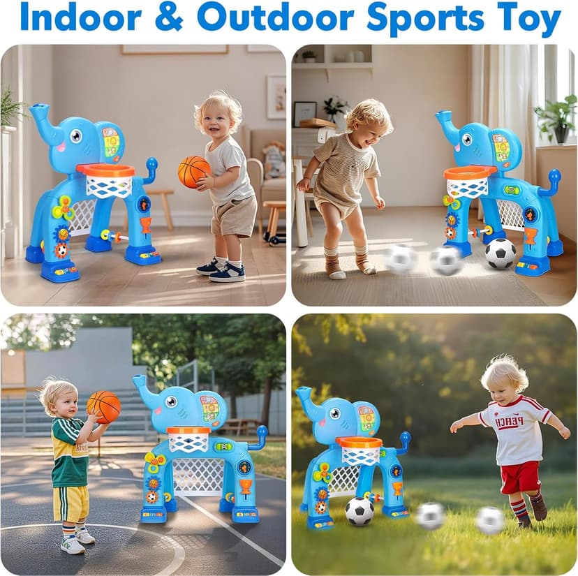 Toddler Basketball Hoop & Soccer Goal, Toys for 1 2 3 Year Old Boys Girls, Kids Sports Toy with Light Sound Music, Montessori Toys for Baby 12-18 Months, Christmas Birthday Gifts for Ages 1-3(Blue）