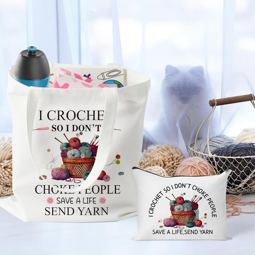 Y1tvei Crochet Canvas Tote Bag - 2Pcs Cosmetic Pouch Tote Bag Reusable Grocery Folding Shopping Bag for Crocheters Women