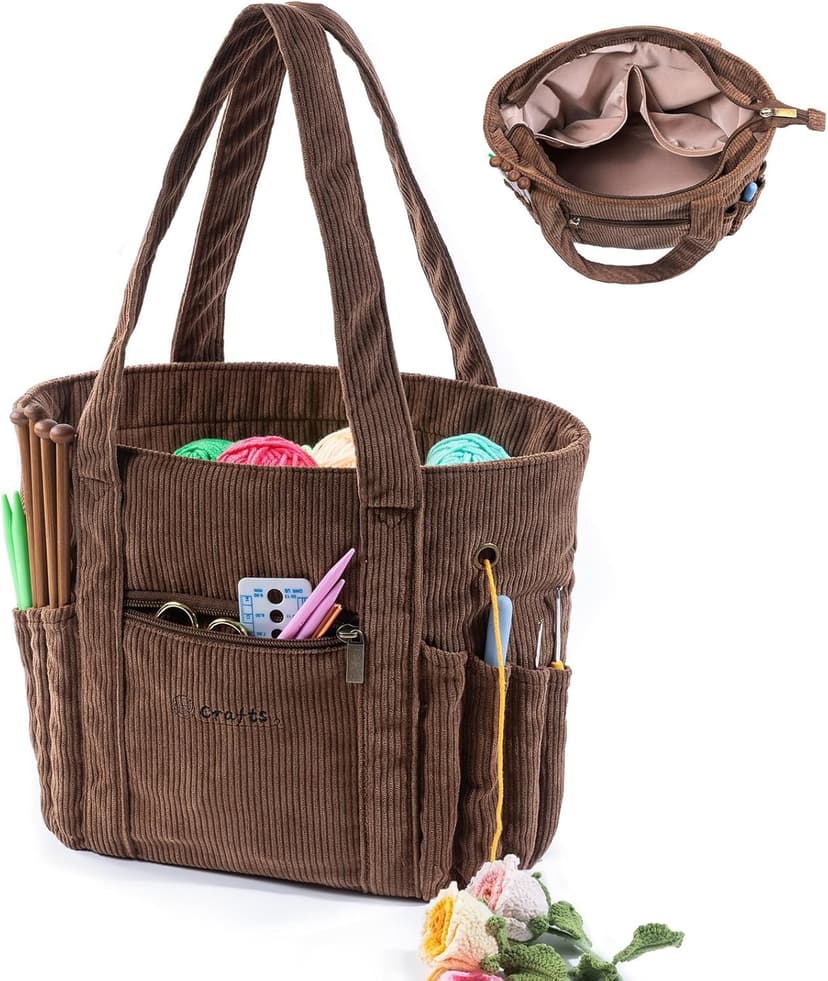 Crochet Bag and Tote - Corduroy Yarn Bag - Yarn Holder for Crocheting - Crochet Storage Bag for Crochet Hooks, Crochet Accessories, Knitting Bag for Crochet Lovers, Mother's Day Gift