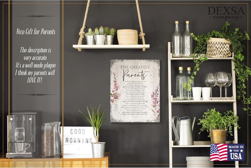 DEXSA Greatest Parents Wood Plaque - Made in the USA - 11.75 in x 15 in - Classy Vertical Frame Wall Hanging Decoration | Mom & Dad, you are the Best | Christian Family Religious Home Decor Saying