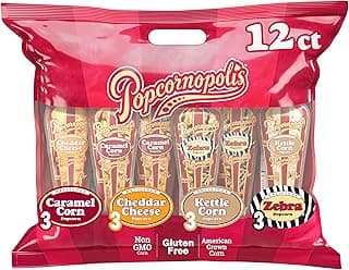 Popcornopolis Gourmet Popcorn Cone Variety Pack – Zebra, Cheddar Cheese, Caramel & Kettle Corn Popcorn, Great for Gifting & Sharing (12-Count)
