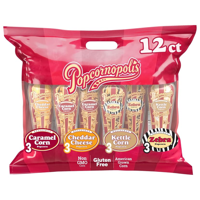 Popcornopolis Gourmet Popcorn Cone Variety Pack – Zebra, Cheddar Cheese, Caramel & Kettle Corn Popcorn, Great for Gifting & Sharing (12-Count)