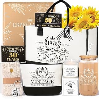 50th Birthday Gifts for Women Her, Cool Gifts for 50 Year Old Woman, Fifty Birthday Canvas Tote Bag Glass Cup Candle Gift Basket Ideas Daughter Mom Sister Friend Wife Coworkers