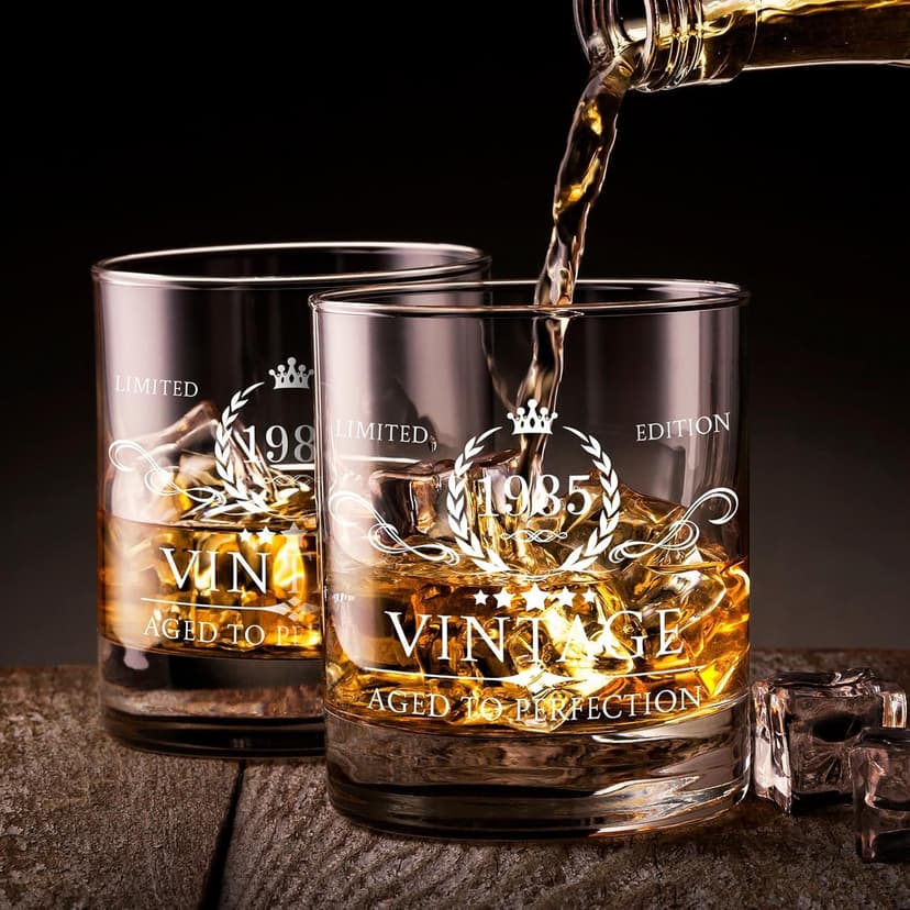 40th Birthday Gifts for Men Whiskey Glass Set - 40th Birthday Decorations, Party Supplies - 40 Year Anniversary, Bday Gifts Ideas for Him, Dad, Husband, Friends - Wood Box & Whiskey Stones & Coaster