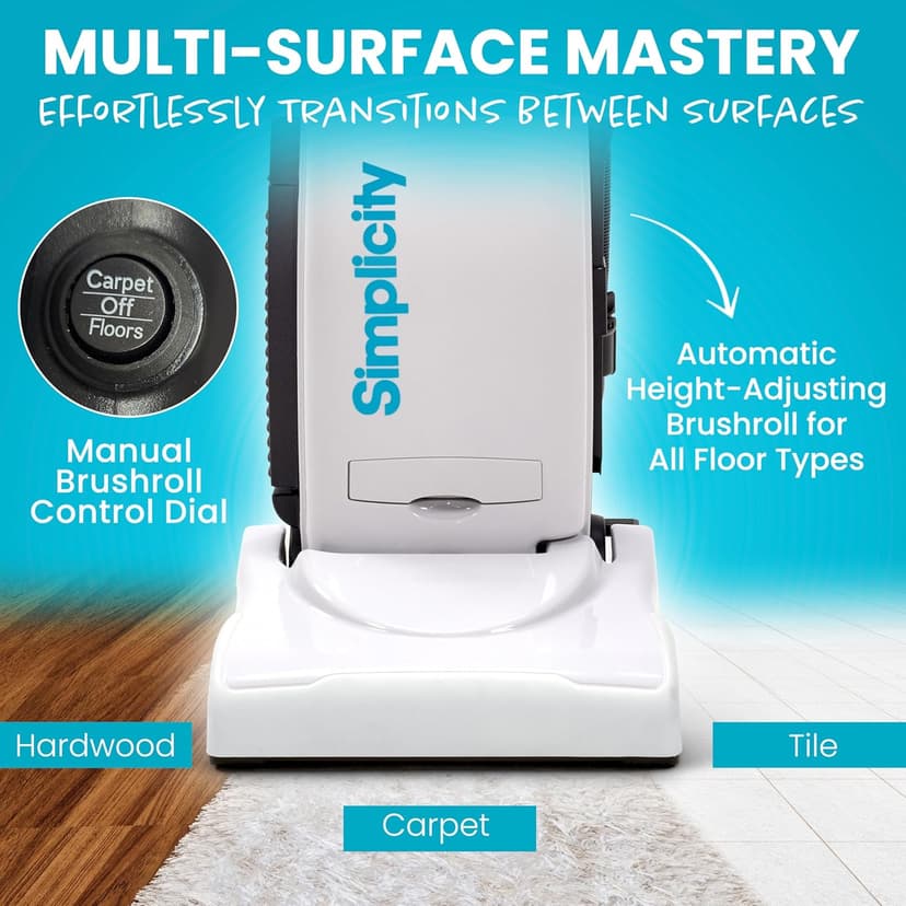 Simplicity Vacuums Premium Allergy Upright Vacuum Cleaner – Multi-Surface Bagged Vacuum Cleaner for Home with Charcoal HEPA Filter Media, Powerful Pet Hair Pickup, Brushroll Activation Switch, S26